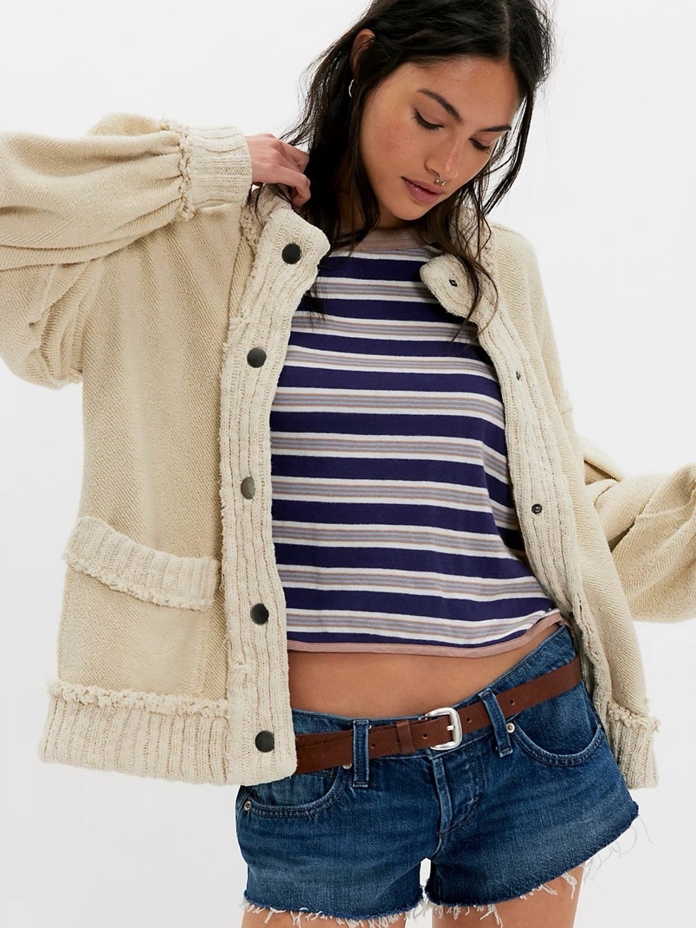 We the Free Cream Knit Button-Front Jacket